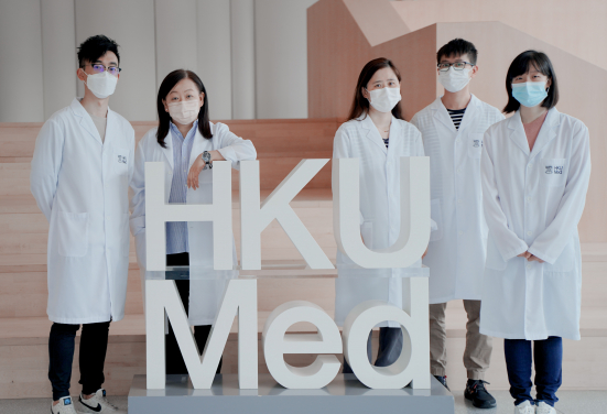 HKUMed research team reveals an unrecognised function of patient-derived circulating extracellular vesicles (EVs) in liver cancer metastasis. The research team includes (from left): Mr Samuel Wong Wan-ki, PhD Student; Dr Judy Yam Wai-ping, Associate Professor, Dr Mao Xiaowen, Research Assistant Professor; Dr Tony Ng Tung-him, Post-doctoral Fellow and Ms Cherlie Yeung Lot-sum, MPhil Student, Department of Pathology, HKUMed.

 